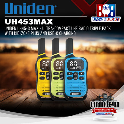 UNIDEN UH45-3 MAX - Ultra-Compact UHF Radio Triple Pack with Kid-Zone Plus and USB-C Charging