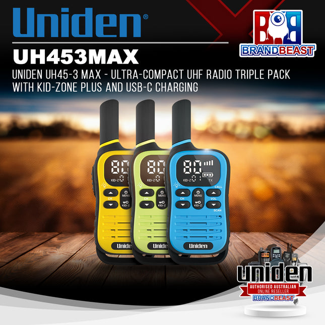 UNIDEN UH45-3 MAX - Ultra-Compact UHF Radio Triple Pack with Kid-Zone Plus and USB-C Charging