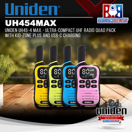 UNIDEN UH45-4 MAX - Ultra-Compact UHF Radio Quad Pack with Kid-Zone Plus and USB-C Charging