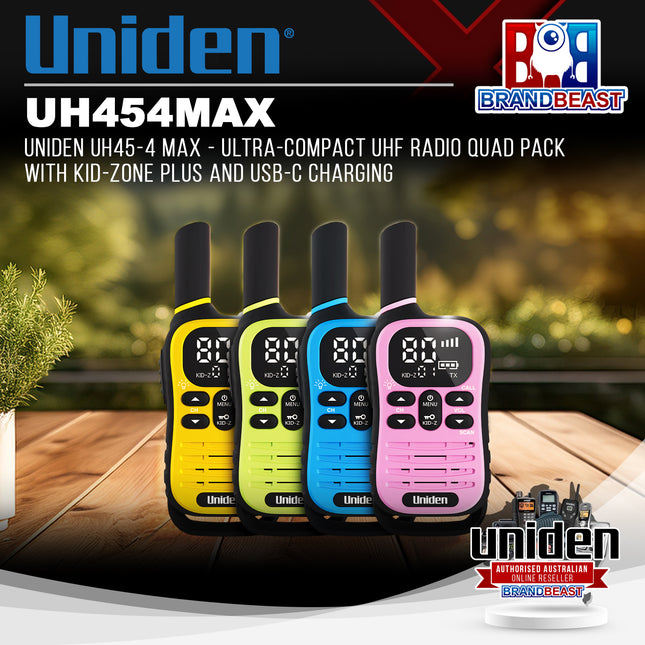 UNIDEN UH45-4 MAX - Ultra-Compact UHF Radio Quad Pack with Kid-Zone Plus and USB-C Charging