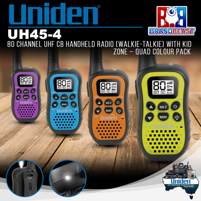 Uniden UH45-4 80 Channel UHF CB Handheld Radio Walkie-Talkie Kid Zone Quad Pack