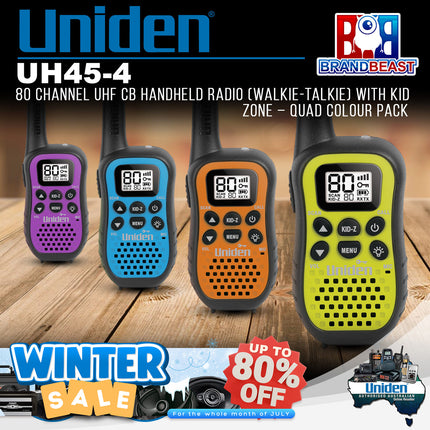 Uniden UH45-4 80 Channel UHF CB Handheld Radio Walkie-Talkie Kid Zone Quad Pack