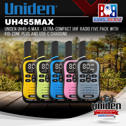 UNIDEN UH45-5 MAX - Ultra-Compact UHF Radio Five Pack with Kid-Zone Plus and USB-C Charging