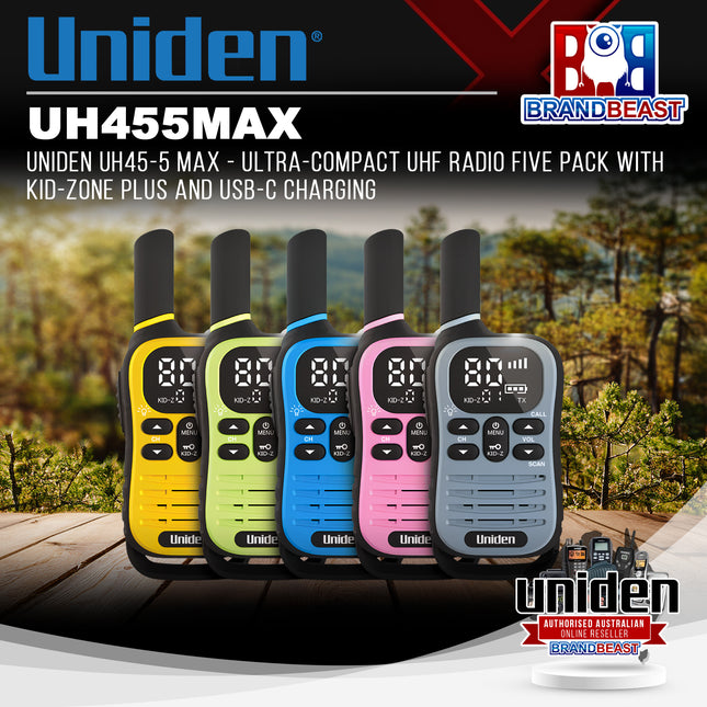 UNIDEN UH45-5 MAX - Ultra-Compact UHF Radio Five Pack with Kid-Zone Plus and USB-C Charging