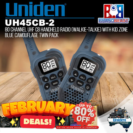 Uniden UH45CB-2 80 Channel UHF CB Handheld Radio Kids Blue Camouflage Twin Pack