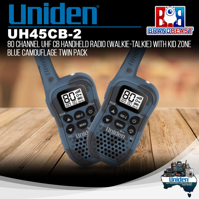 Uniden UH45CB-2 80 Channel UHF CB Handheld Radio Kids Blue Camouflage Twin Pack