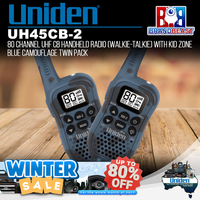 Uniden UH45CB-2 80 Channel UHF CB Handheld Radio Kids Blue Camouflage Twin Pack