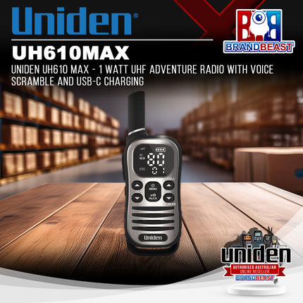 UNIDEN UH610 MAX - 1 Watt UHF Adventure Radio with Voice Scramble and USB-C Charging