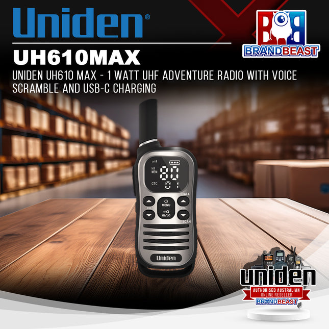 UNIDEN UH610 MAX - 1 Watt UHF Adventure Radio with Voice Scramble and USB-C Charging