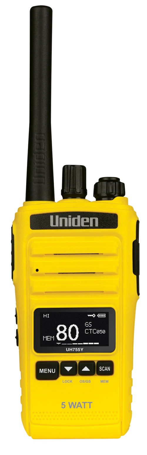UNIDEN UH755-Y - 5 Watt Splashproof UHF Handheld Radio in Yellow