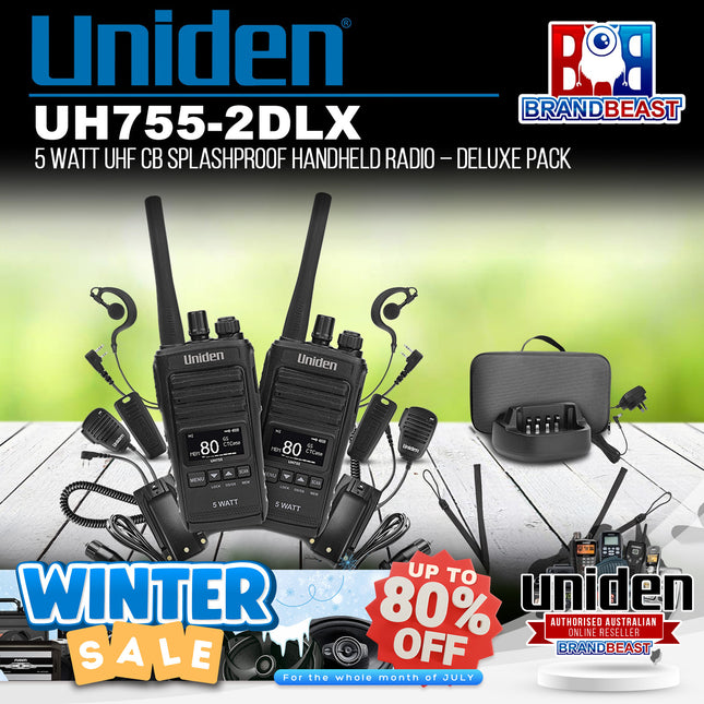 Uniden UH755-2DLX 5 Watt UHF CB Splashproof Handheld Radio – Deluxe Pack
