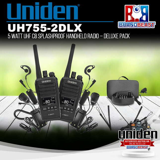 Uniden UH755-2DLX 5 Watt UHF CB Splashproof Handheld Radio – Deluxe Pack