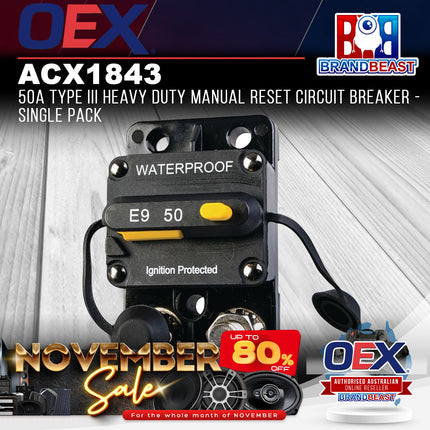 OEX ACX1843 50A Type III Heavy Duty Manual Reset Circuit Breaker - Single Pack