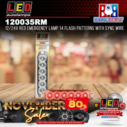 LED Autolamps 120035RM 12/24V Red Emergency Lamp 14 Flash Patterns Sync Wire