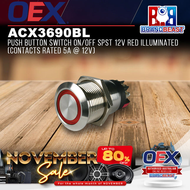 OEX ACX3690BL Push Button Switch On/Off SPST 12V Red Illuminated Contacts Rated