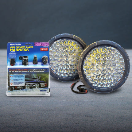 Villain Lighting VIL-9DL-225 9" Pro Driving Lights 225 Watt Cree LED 19000 Lumen Spotlight (Pair) with Narva 74402 12V 4WD Driving Light Wiring Harness Package