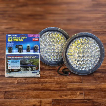 Villain Lighting VIL-9DL-225 9" Pro Driving Lights 225 Watt Cree LED 19000 Lumen Spotlight (Pair) with Narva 74402 12V 4WD Driving Light Wiring Harness Package