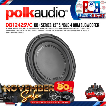 Polk Audio DB1242SVC DB+ Series 12" 1110W 4-Ohm Single Voice Coil Subwoofer with Marine Certification