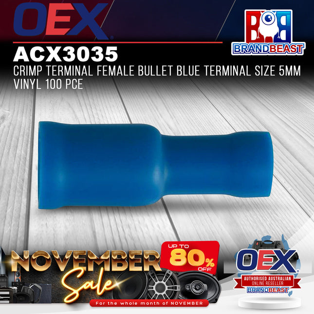 OEX ACX3035 Crimp Terminal Female Bullet Blue Terminal Size 5mm Vinyl 100 Pce
