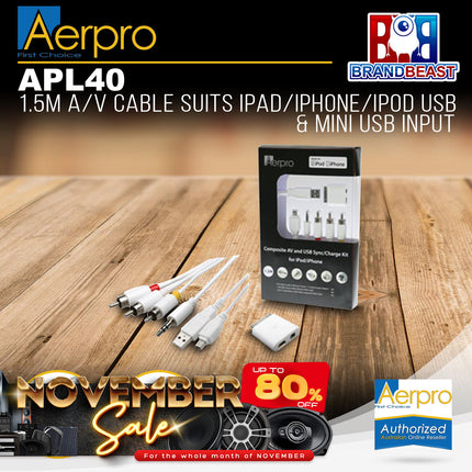 Aerpro APL40 1.5m AV Cable Suits iPad/iPhone/iPod USB & Mini USB Input