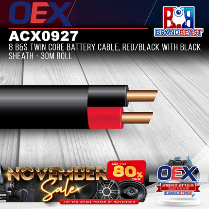 OEX ACX0927 8 B&S Twin Core Battery Cable Red/Black With Black Sheath - 30m Rol