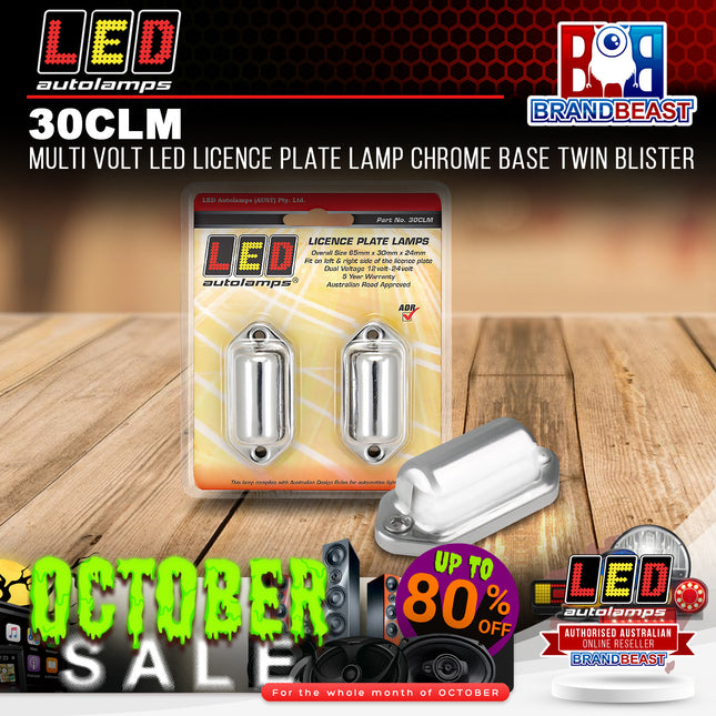 LED Autolamps 30CLM Multi Volt LED Licence Plate Lamp Chrome Base Twin Blister