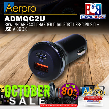 Aerpro ADMQC2U 36W In-Car Fast Charger Dual Port USB-C PD 2.0 + USB-A QC 3.0