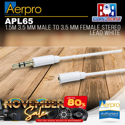 Aerpro APL65 1.5M White 3.5mm Male to 3.5mm Female Stereo Lead
