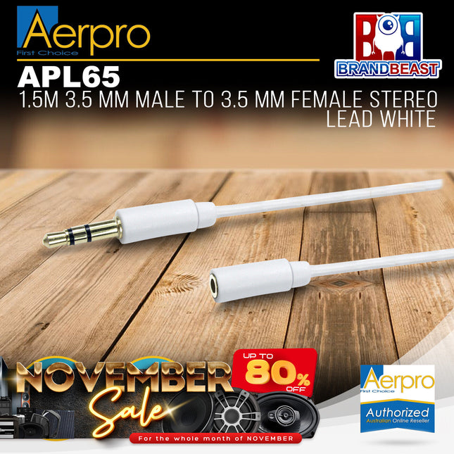 Aerpro APL65 1.5M White 3.5mm Male to 3.5mm Female Stereo Lead