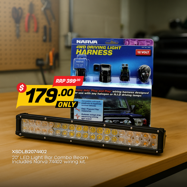XS Lighting XS-DLB20 20" LED Light Bar Combo Beam with Narva 74402 12V 4WD Driving Light Wiring Harness Package