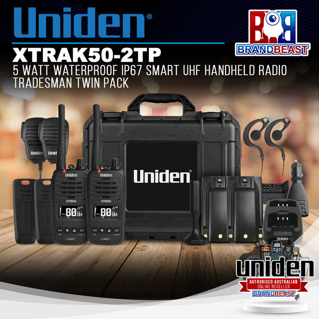 Uniden XTRAK50-2TP 5Watt Waterproof IP67 Smart UHF Handheld Radio Tradesman Twin