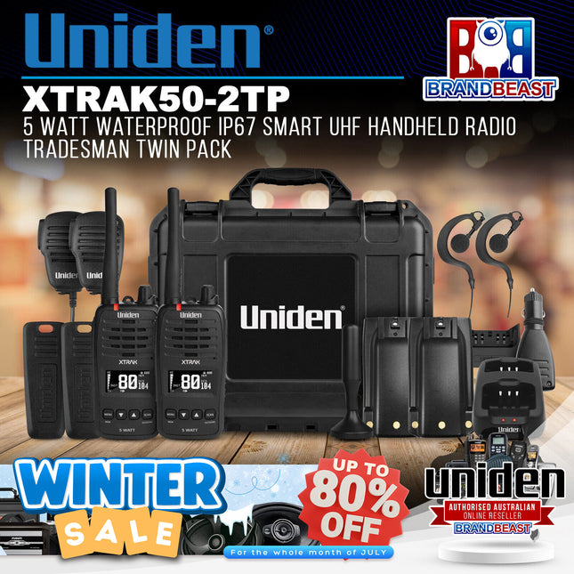 Uniden XTRAK50-2TP 5Watt Waterproof IP67 Smart UHF Handheld Radio Tradesman Twin