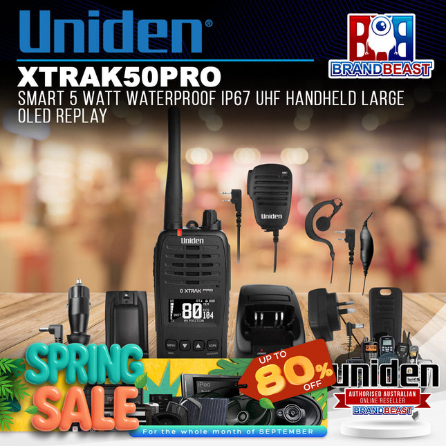 Uniden XTRAK50PRO Smart 5 Watt Waterproof IP67 UHF Handheld Large OLED Replay