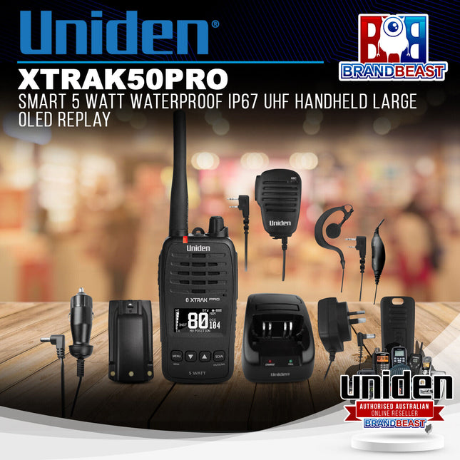 Uniden XTRAK50PRO Smart 5 Watt Waterproof IP67 UHF Handheld Large OLED Replay