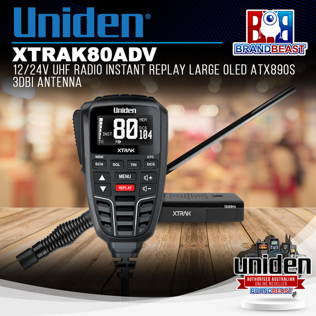 Uniden XTRAK80ADV 12/24V UHF Radio Instant Replay Large OLED ATX890s 3dBiAntenna