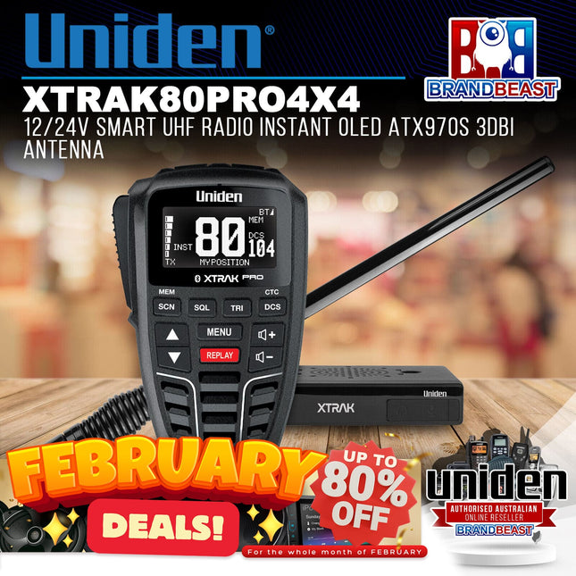 Uniden XTRAK80PRO4X4 12/24v Smart UHF Radio Instant OLED ATX970S 3dBi Antenna