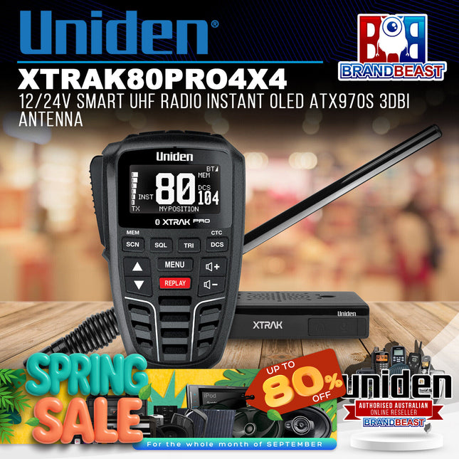Uniden XTRAK80 PRO 4X4 12/24V Smart UHF Radio Instant OLED ATX970S 3dBi Antenna