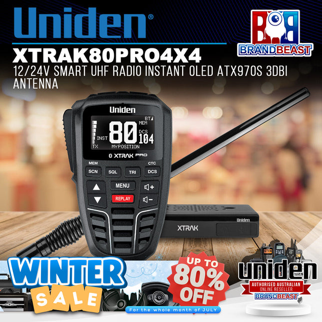 Uniden XTRAK80 PRO 4X4 12/24V Smart UHF Radio Instant OLED ATX970S 3dBi Antenna