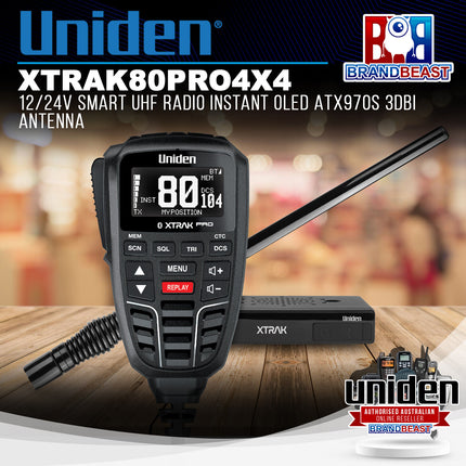 Uniden XTRAK80 PRO 4X4 12/24V Smart UHF Radio Instant OLED ATX970S 3dBi Antenna