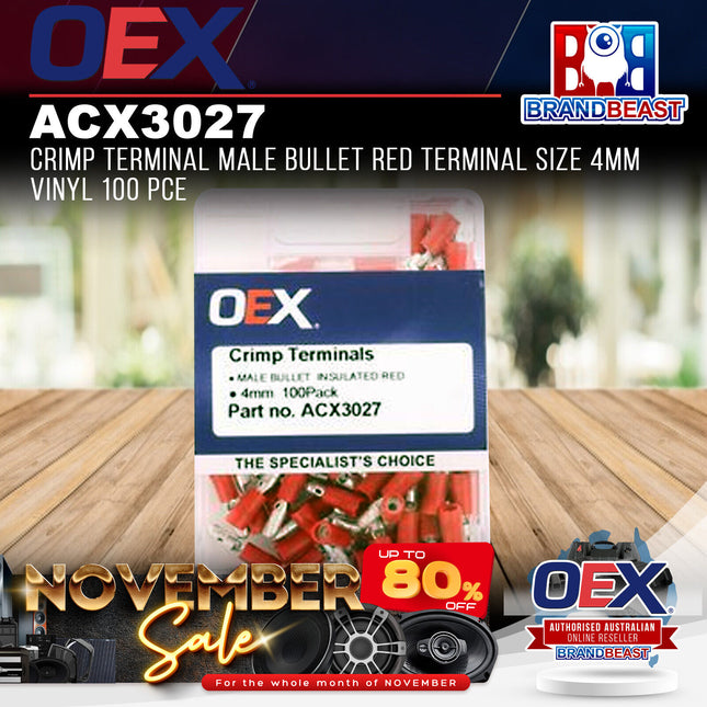 OEX ACX3027 Crimp Terminal Male Bullet Red Terminal Size 4mm Vinyl 100 Pce