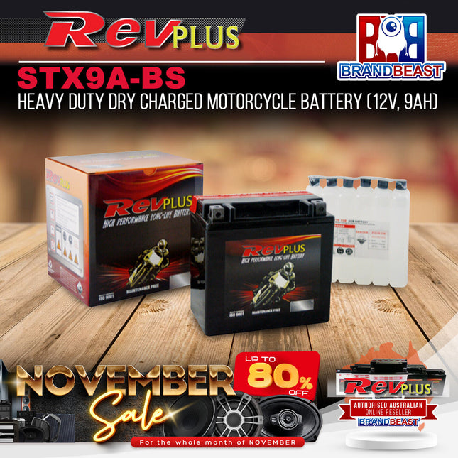 RevPLUS STX9A-BS Heavy Duty Dry Charged Motorcycle Battery (12V, 9Ah)