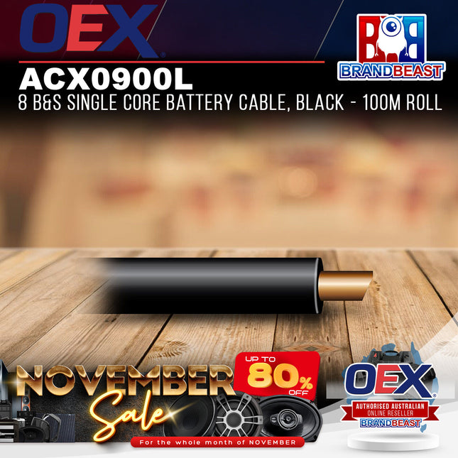 OEX ACX0900L 8 B&S Single Core Battery Cable, Black - 100m Roll