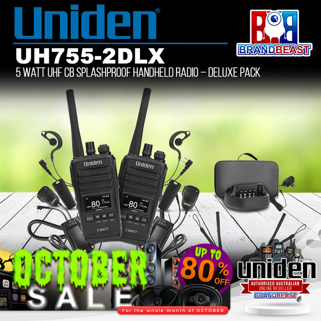 Uniden UH755-2DLX 5 Watt UHF CB Splashproof Handheld Radio – Deluxe Pack
