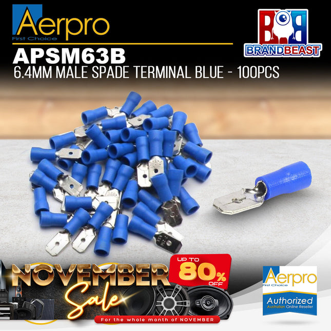 Aerpro APSM63B 6.4mm Male Spade Terminal Blue - 100pcs