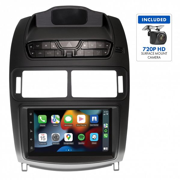 Aerpro AM9650SK 7" Multimedia Receiver for Ford Falcon FG in satin black color, including a 720P HD surface-mount camera.
