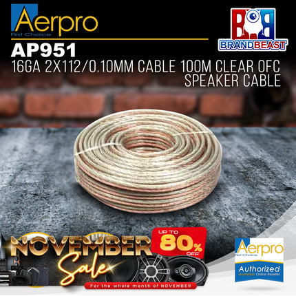 Aerpro AP951 16 Gauge 2x112/0.10mm OFC Speaker Cable - Clear
