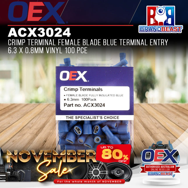 OEX ACX3024 Crimp Terminal Female Blade Blue Entry 6.3 x 0.8mm Vinyl 100 Pce