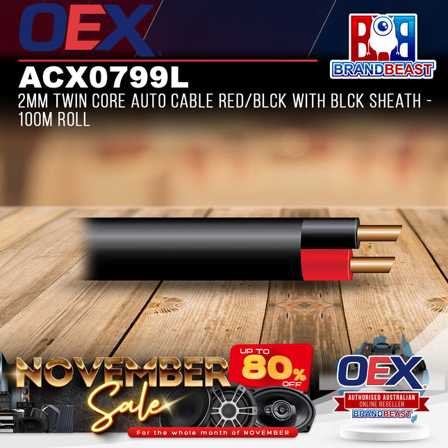 OEX ACX0799L 2mm Twin Core Auto Cable Red/Blck With Blck Sheath - 100m Roll