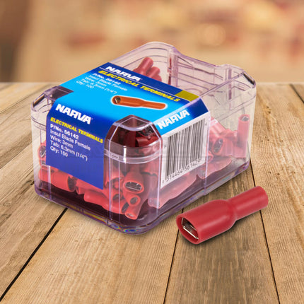 Narva 56142 Red Female Crimp Terminal 6.3 x 0.8mm Blade Connector Vinyl Insulated 100 Pack