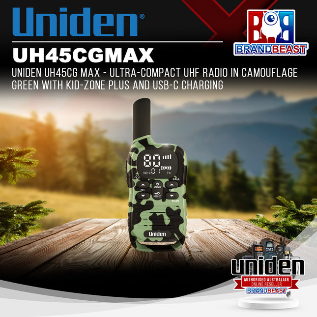 UNIDEN UH45CG MAX - Ultra-Compact UHF Radio in Camouflage Green with Kid-Zone Plus and USB-C Charging